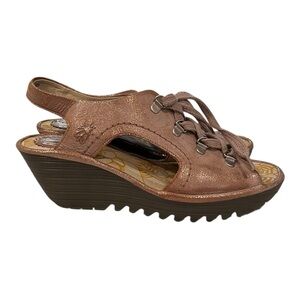 Fly London Ylfa Luna Metallic Lace Up Gold Tone Wedge Sandal Size 9-9.5 / 40